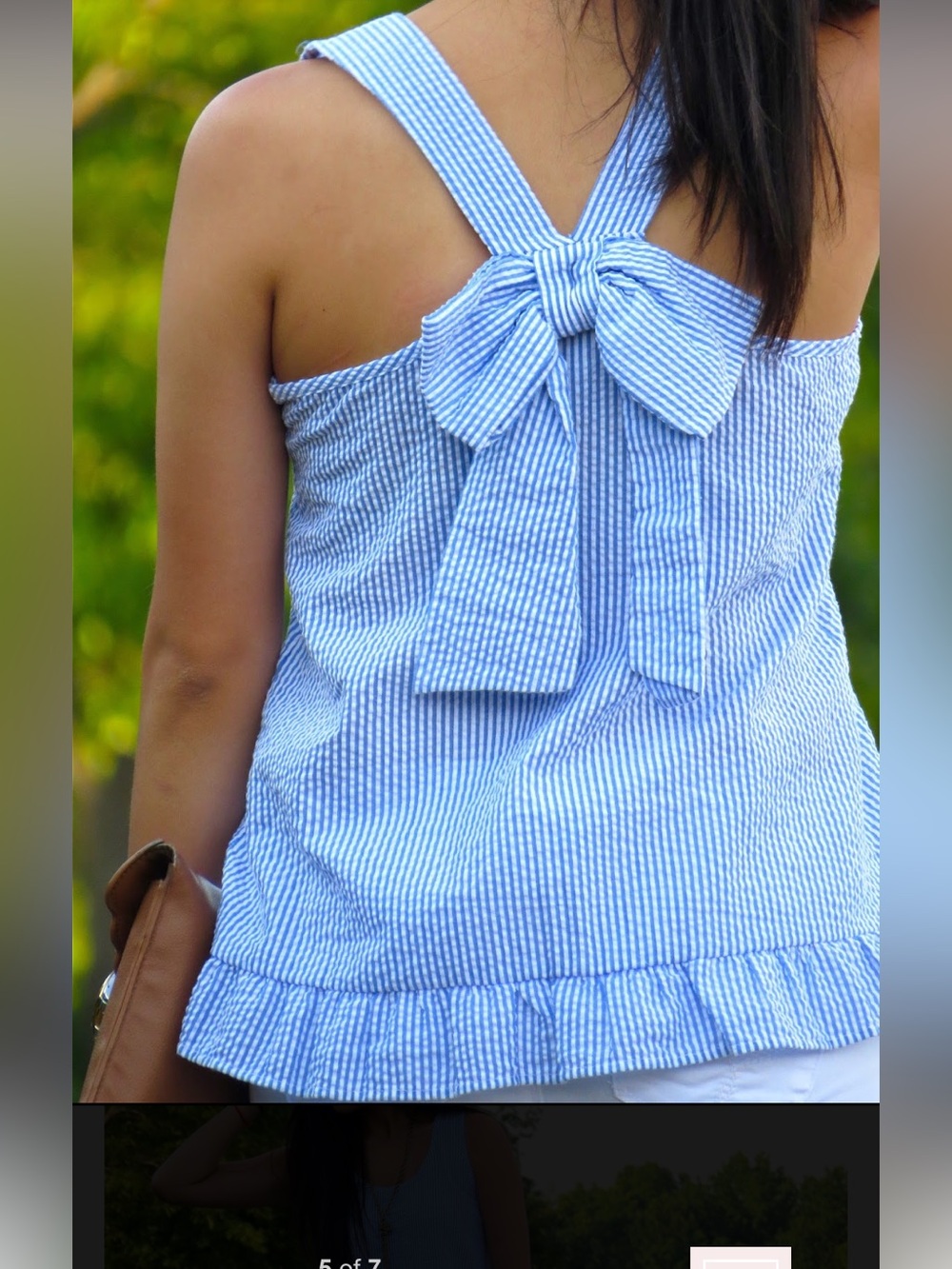 Blue & White Seersucker Ruffle Hem Tank Top with bow size Medium
